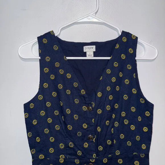 J.Crew Navy Sleeveless Button-Front Dress With Yellow Floral Print Size 2 - Picture 2 of 6